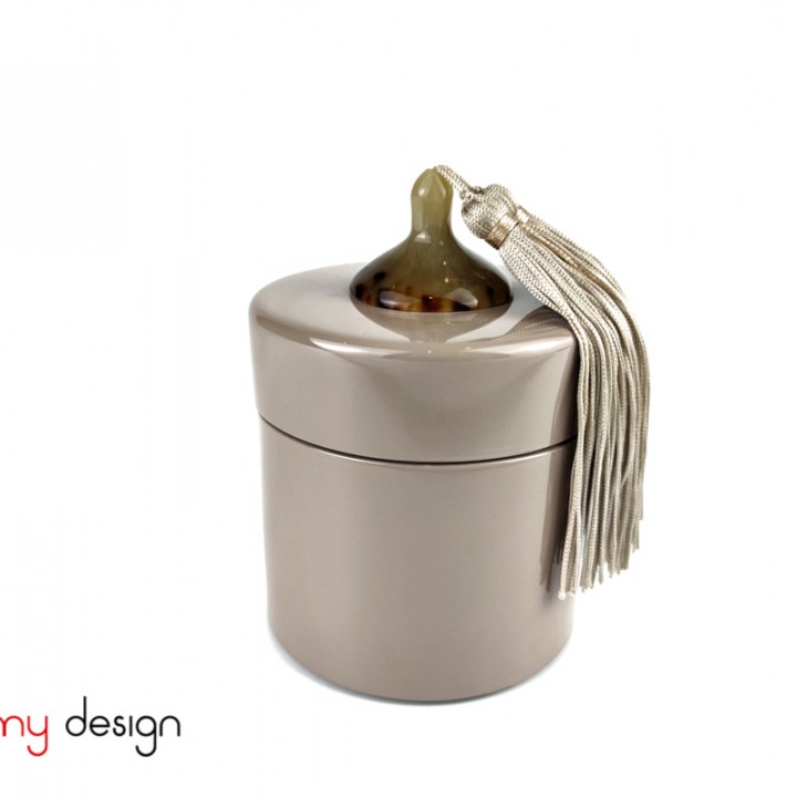 Taupe cylinder lauquer box with tassel knob 10*10*H10 cm